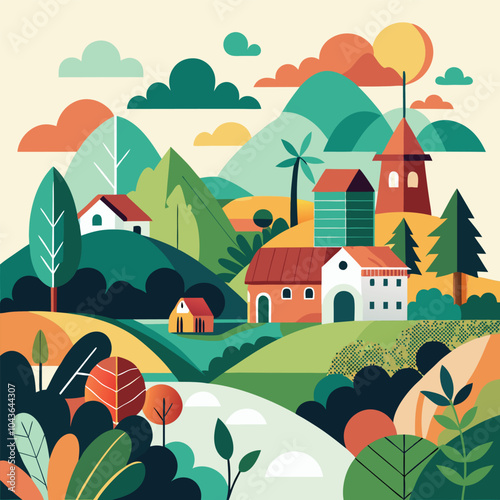 Nature and landscape vector with trees, mountains, flowers, farms, and villages. Perfect for backgrounds or covers.