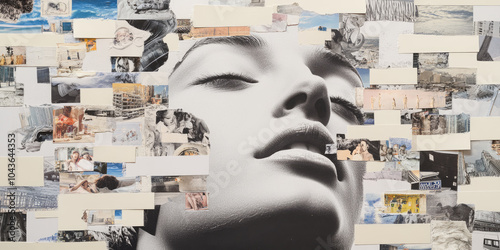 Artistic Collage Featuring a Stylized Face Surrounded by Various Images and Textures