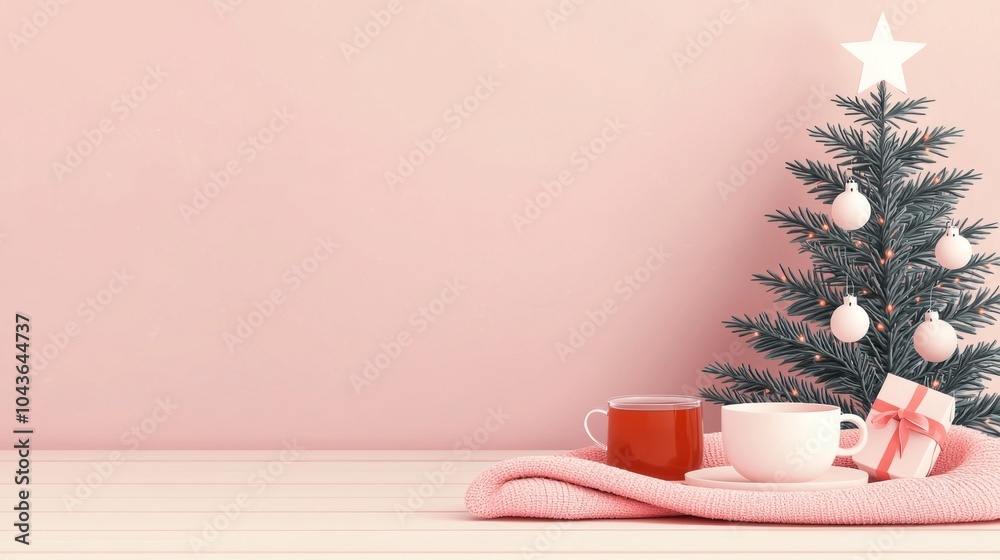 A cozy Christmas scene with a small tree, cups, tea, and a gift, set against a soft pink background. A cozy Christmas scene with a small tree, cups, tea, and a gift, set against a soft pink background.