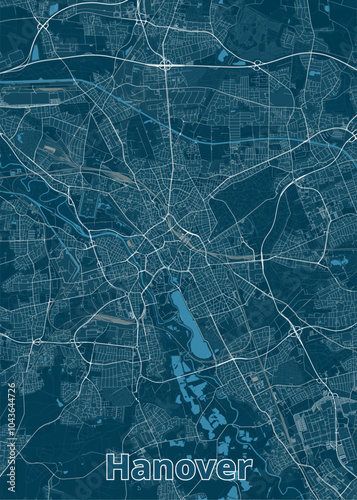 Map of Hanover, Germany, rendered in a minimalist style. The map features a dark blue background with white lines representing streets and roads.