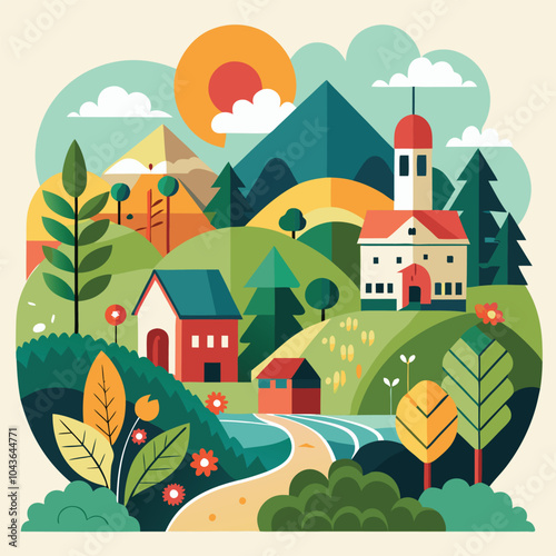 Nature and landscape vector with trees, mountains, flowers, farms, and villages. Perfect for backgrounds or covers.