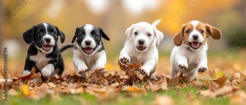 Four playful puppies run joyfully through colorful autumn leaves, showcasing their vibrant energy and adorable expressions.