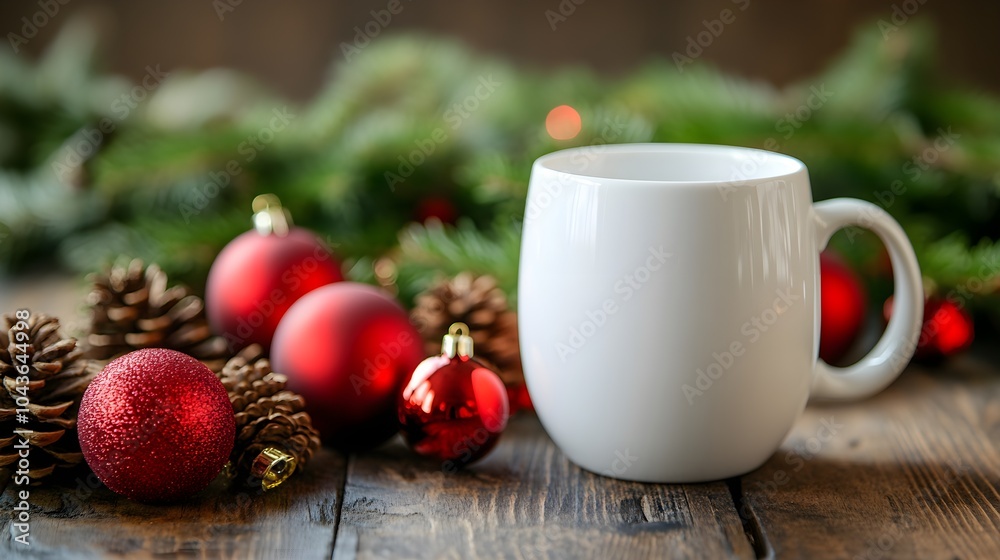 Empty White Coffee Mug with Holiday Decor Empty White Coffee Mug with Holiday Decor