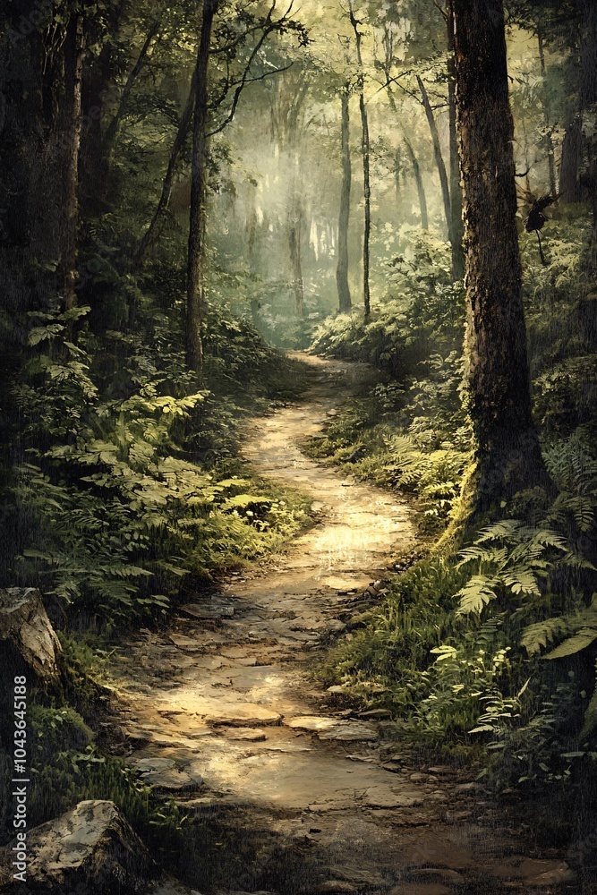 Exploring the enchanting serenity of a sunlit pathway through lush green forests and vibrant flora in nature's embrace Exploring the enchanting serenity of a sunlit pathway through lush green forests and vibrant flora in nature's embrace