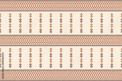 Fabric pattern traditional ethnic motifs ikat geometric cross stitch.Ikat embroidery Ethnic oriental Pixel brown cream label background. Abstract,vector,illustration. Texture,decoration,wallpaper.