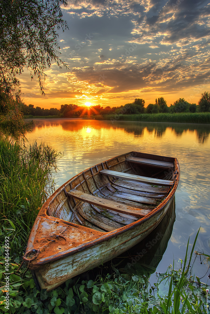 Obraz premium A stunning sunrise over a tranquil lake with a misty forest reflected on the water's surface