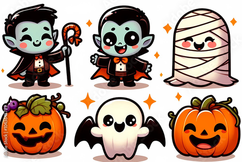 Halloween Characters: Vampire, Mummy, Pumpkin, and Ghost Illustrations