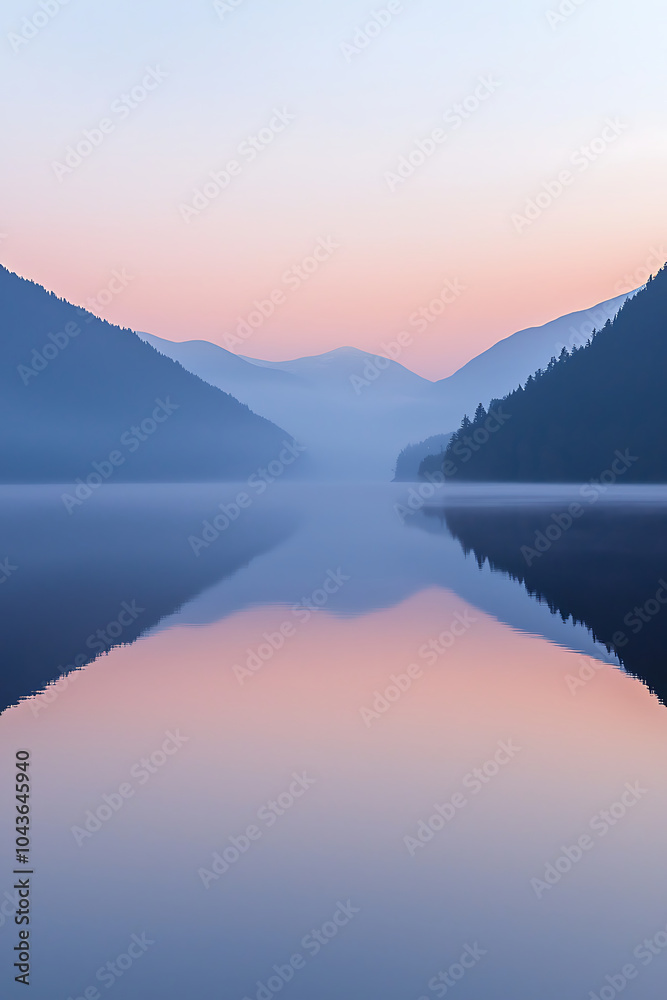A stunning sunrise over a tranquil lake with a misty forest reflected on the water's surface A stunning sunrise over a tranquil lake with a misty forest reflected on the water's surface