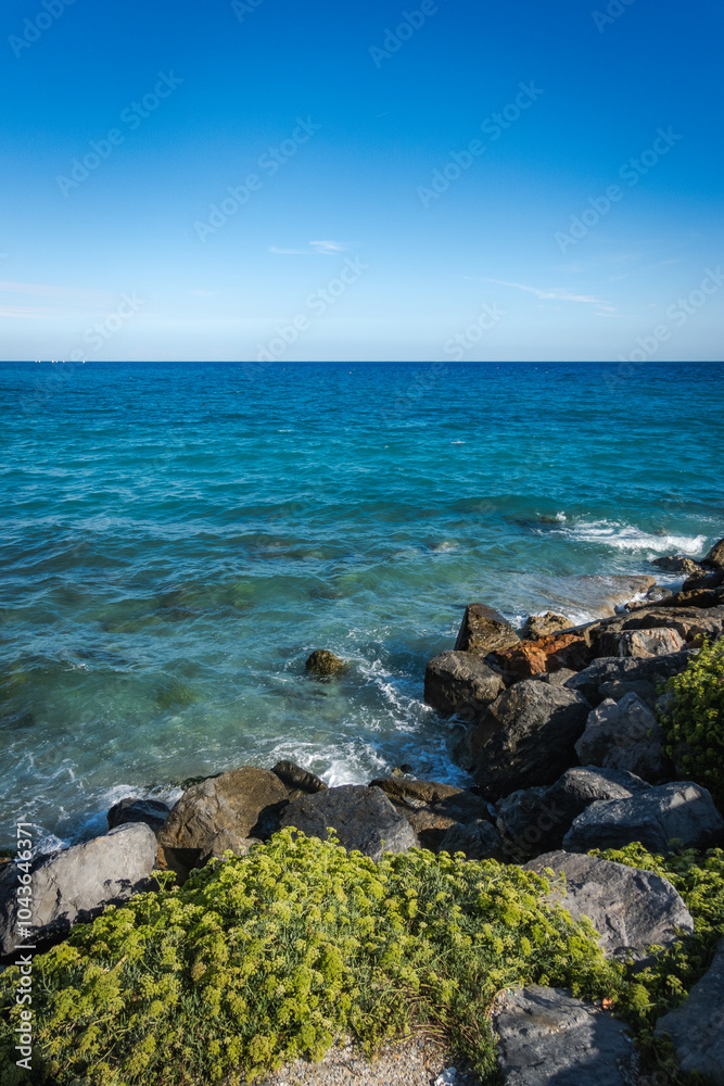 A peaceful beach scene with a clear blue sky, gentle waves lapping the shore, and lush greenery in the foreground. A peaceful beach scene with a clear blue sky, gentle waves lapping the shore, and lush greenery in the foreground.