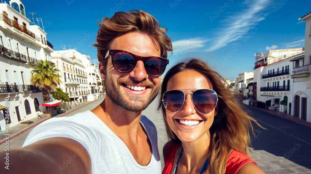 Couple's Selfie in a Sunny City: A young couple, beaming with joy, takes a selfie in a picturesque city setting. The vibrant colors and sunny skies capture the carefree spirit of their adventure. Couple's Selfie in a Sunny City: A young couple, beaming with joy, takes a selfie in a picturesque city setting. The vibrant colors and sunny skies capture the carefree spirit of their adventure.