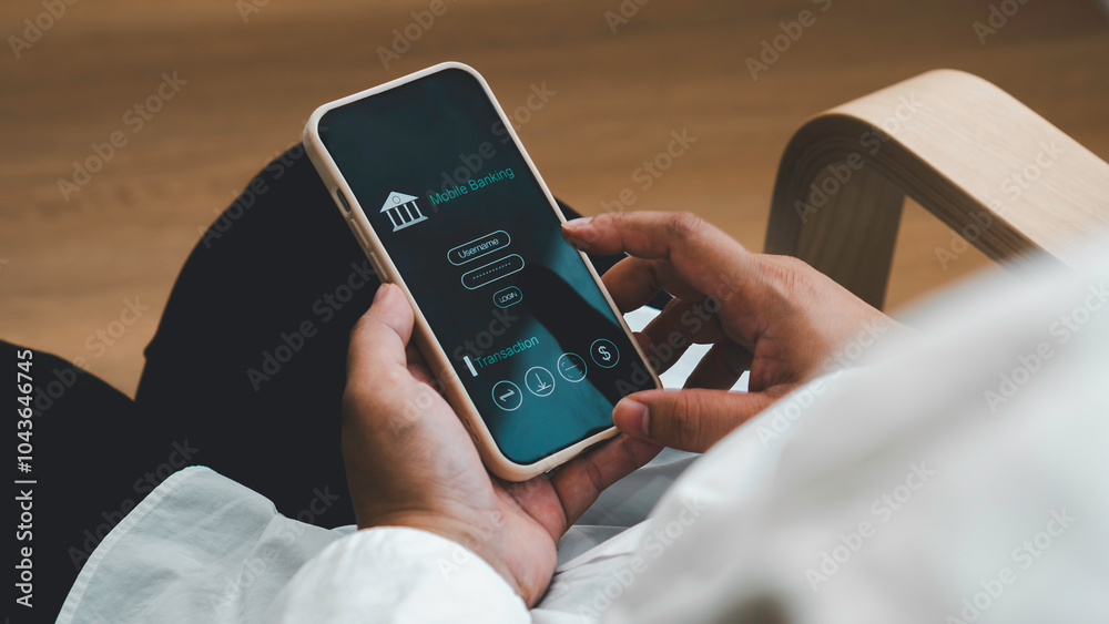 online shopping and payment via mobile banking apps. a woman accessing a mobile banking app on her smartphone, Internet bank, money transaction, fintech, Digital banking network, internet payment