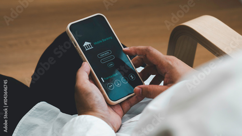 Obraz na płótnie online shopping and payment via mobile banking apps. a woman accessing a mobile banking app on her smartphone, Internet bank, money transaction, fintech, Digital banking network, internet payment w salonie