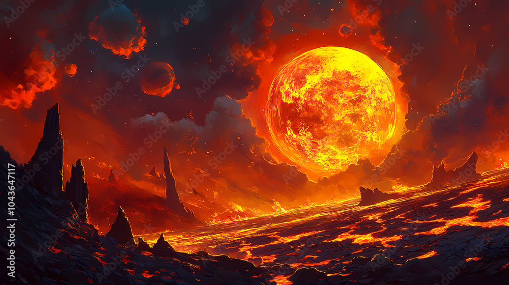 Planets surface covered in lava with large fiery sky. concept fiery landscape, lava planet, inferno sky, volcanic environment, astronomical phenomenon. Volcanic Ash Plains. Illustration