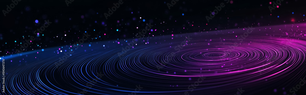Obraz premium Purple abstract glowing light effect circles with sparkles on dark background. Abstract background for science, universe and cosmos, futuristic digital technologies, energy. 