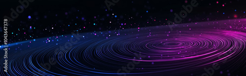 Purple abstract glowing light effect circles with sparkles on dark background. Abstract background for science, universe and cosmos, futuristic digital technologies, energy. 