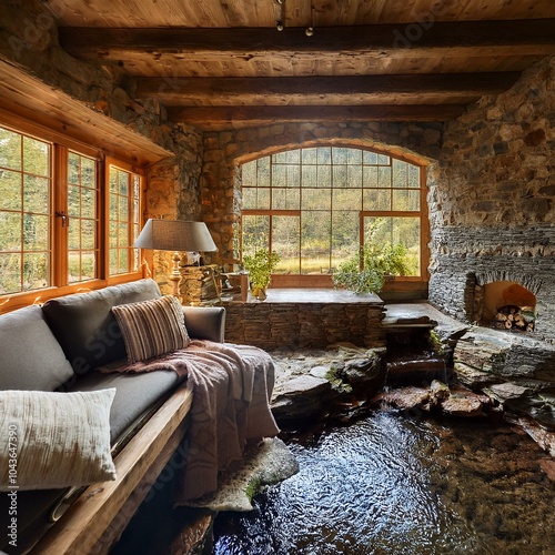 Rustikales Ferienhaus mit kleinem Teich im Boden. photo