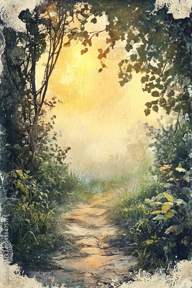 Fototapeta premium A serene pathway through a misty forest at dawn capturing the tranquility of nature's awakening