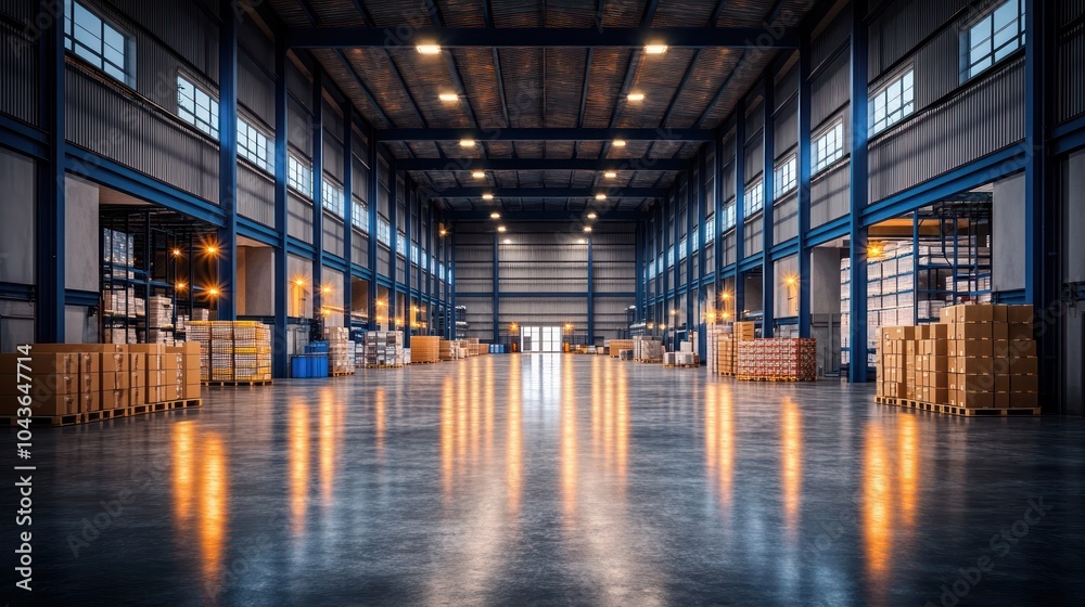 Large empty warehouse with shelves and boxes, illuminated with bright lighting. Large empty warehouse with shelves and boxes, illuminated with bright lighting.