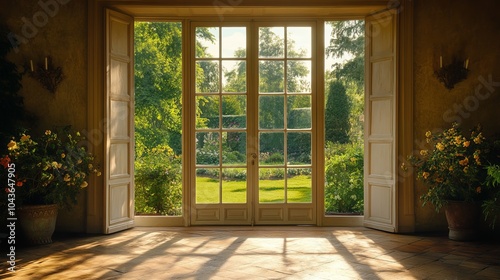 French Doors Leading to a Lush Garden