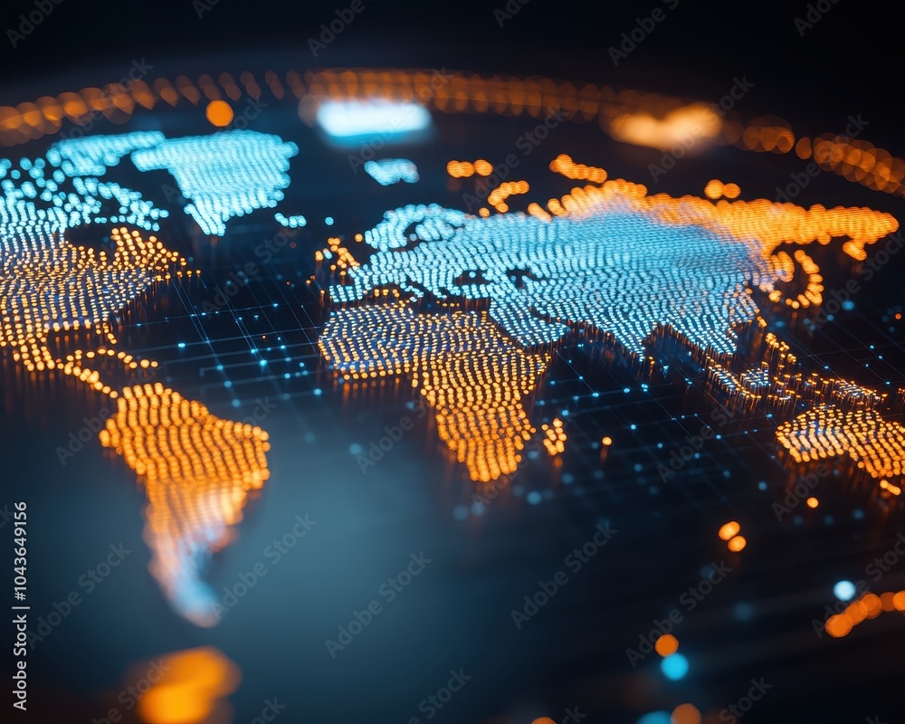 Vibrant digital world map with glowing orange and blue dots on a ...