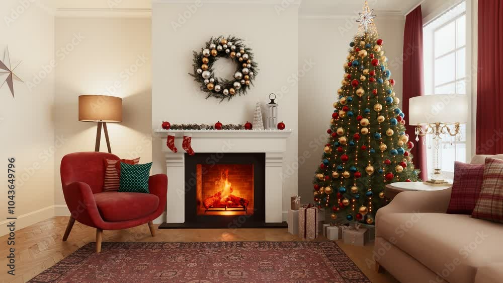 A cozy holiday living room with a beautifully decorated Christmas tree and a warm fireplace. A cozy holiday living room with a beautifully decorated Christmas tree and a warm fireplace.