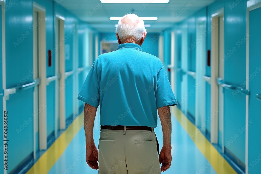 Elderly man walking down a hospital corridor, blue walls and floor, serene environment. Elderly man walking down a hospital corridor, blue walls and floor, serene environment.