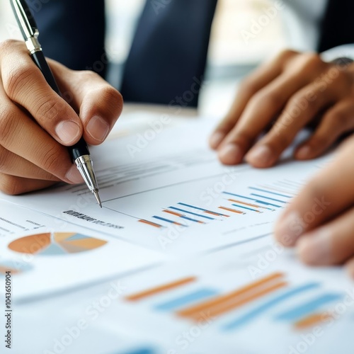 Close-up of financial documents and charts, with a funding agreement being signed