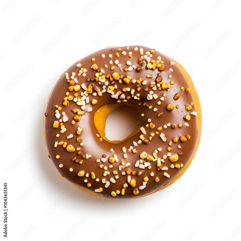chocolate glazed donuts with sprinkles on a white background top view chocolate glazed donuts with sprinkles on a white background top view