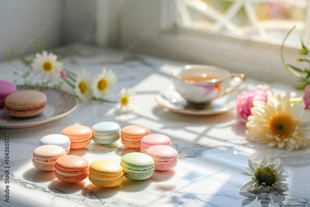 Colorful macarons and tea in sunny kitchen setting Colorful macarons and tea in sunny kitchen setting
