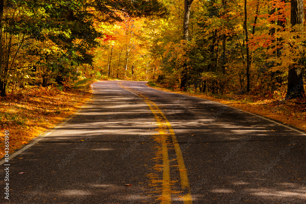 Obraz premium Highway K Rustic Road near Lost Canoe Lake, looking east,g near Boulder Junction, Wisconsin in mid-October, encased in the changing colors of autumn