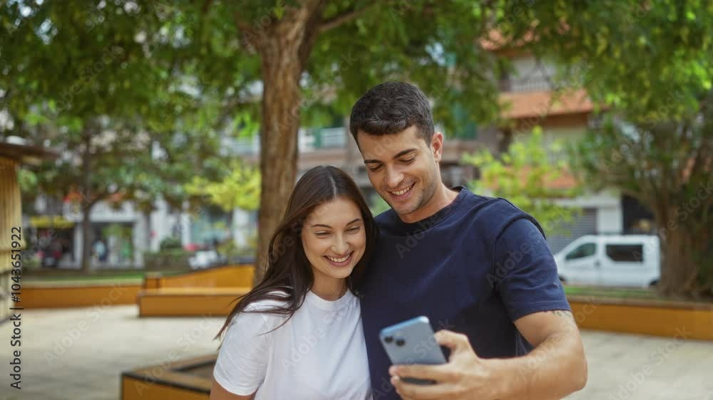 Happy couple taking a selfie and looking at their phone in an urban park on a sunny day with trees and buildings in the background Happy couple taking a selfie and looking at their phone in an urban park on a sunny day with trees and buildings in the background