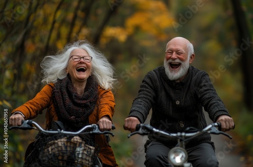 an elderly couple riding bicycles and laughing