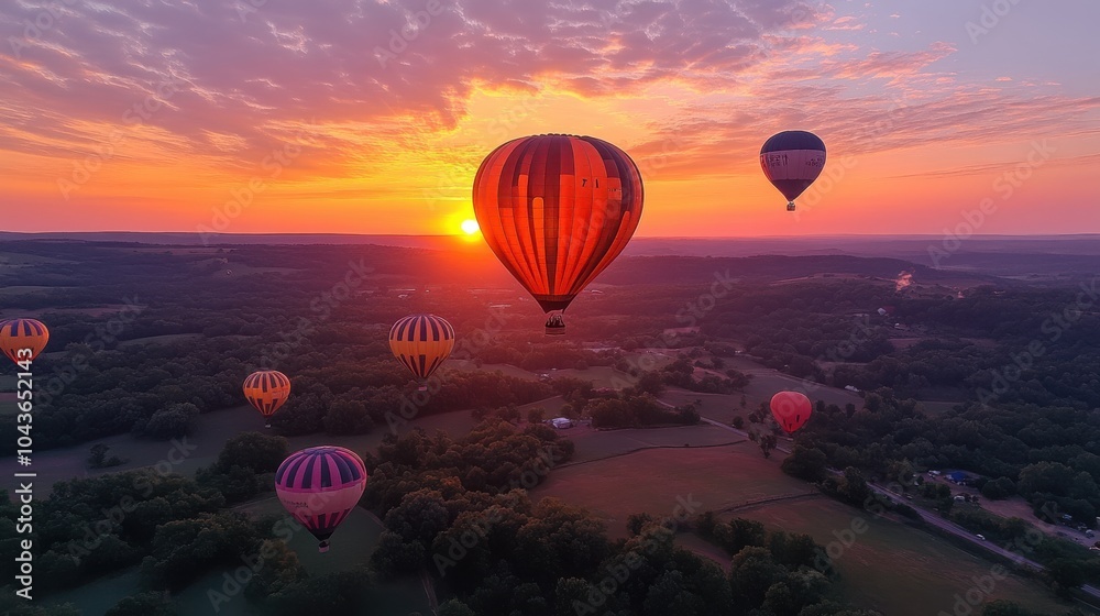 Obraz premium Aerial view of a vibrant hot air balloon festival at dawn, colorful balloons ascending against a serene sunrise backdrop, festive atmosphere, breathtaking sights