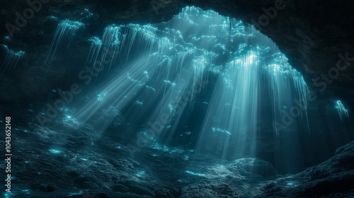 This stunning underwater photo offers a glimpse into the peaceful world of the deep sea, where vibrant coral reefs and marine creatures create a mesmerizing aquatic landscape.