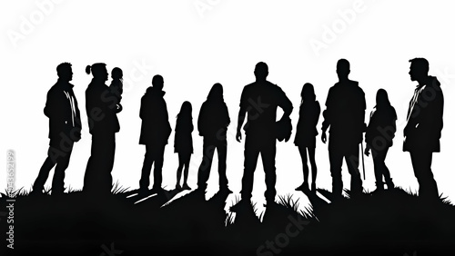 A black and white silhouette image depicts ten people standing together in a field of tall grass. The figures are all facing forward, with their outlines clearly visible against the white background. 