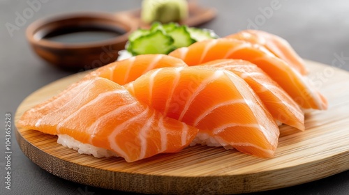 Delicious salmon sushi served on a wooden platter with wasabi and soy sauce.