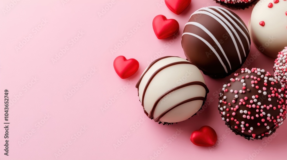Obraz premium Delicious chocolate truffles with heart-shaped decorations on a pink background.