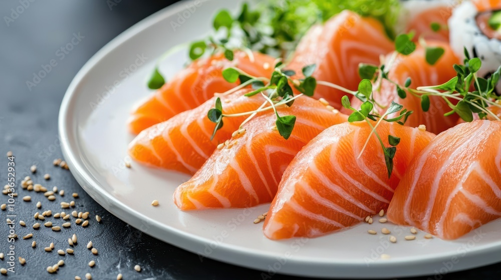 Fresh salmon slices garnished with herbs served on a white plate. Fresh salmon slices garnished with herbs served on a white plate.