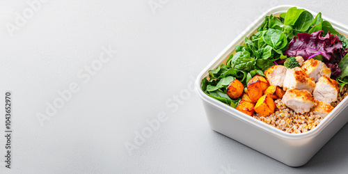 Healthy container meal with fresh greens, chicken, and grains