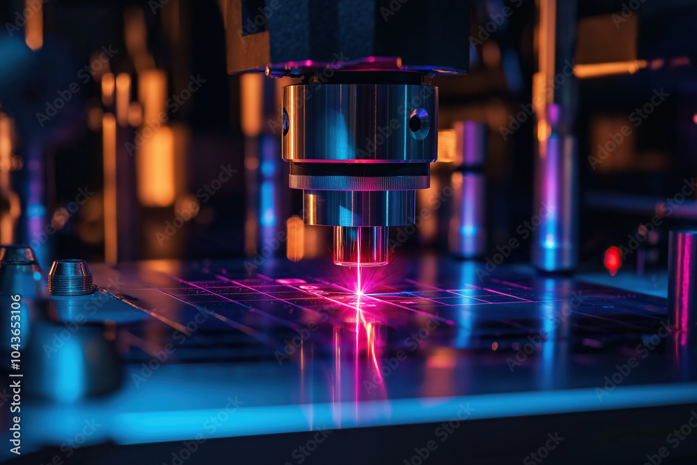 technical device, modern optical plasma laser head in action, closeup, welding machine creating patterns on metal materials, industrial, photorealistic technical device, modern optical plasma laser head in action, closeup, welding machine creating patterns on metal materials, industrial, photorealistic