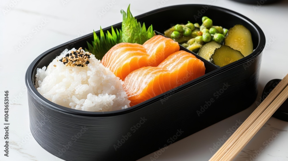 Sushi bento box with salmon, rice, and vegetables on a white background. Sushi bento box with salmon, rice, and vegetables on a white background.