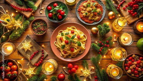 Italian Christmas Pasta Festivity in Low Light - Cozy Holiday Dining Scene