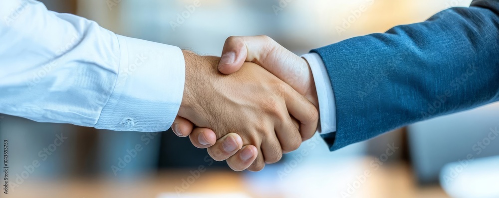 Founder shaking hands with an investor after signing a funding contract, agreement completed Founder shaking hands with an investor after signing a funding contract, agreement completed