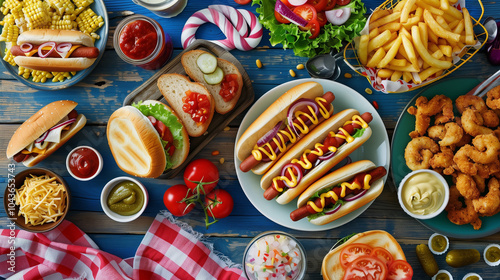 Top view of a variety of American fast food including hot dogs, fries, corn, fried shrimp, and condiments on a wooden table photo