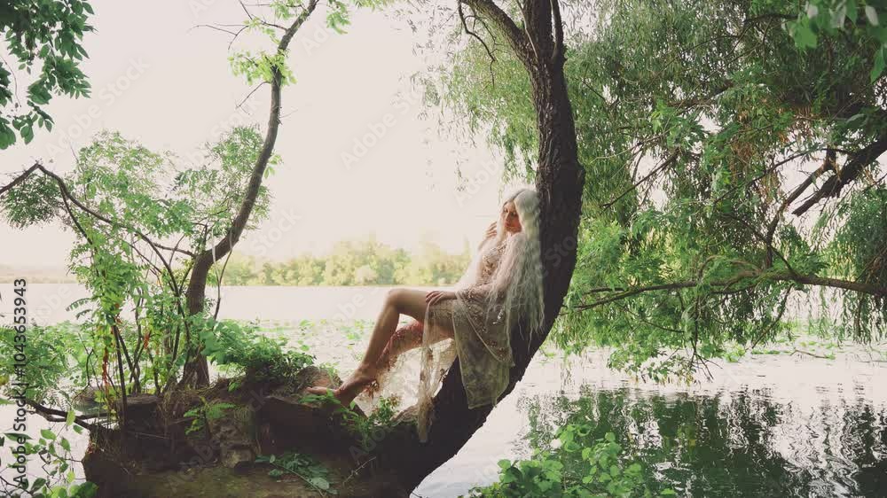 fantasy woman river nymph sitting on branch trunk old tree, river bank swamp water. sexy fairy girl enjoys wild nature green leaves. beauty fashion model posing. Elf long blonde white hair wind blow fantasy woman river nymph sitting on branch trunk old tree, river bank swamp water. sexy fairy girl enjoys wild nature green leaves. beauty fashion model posing. Elf long blonde white hair wind blow