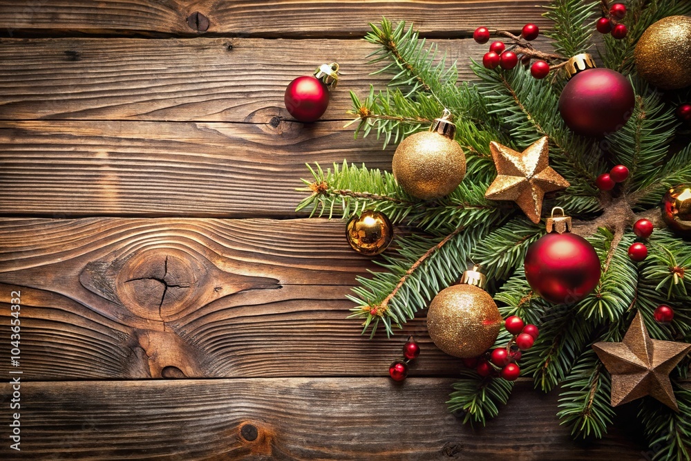 Rustic Christmas ornaments on wooden background with festive holiday decor from aerial view Rustic Christmas ornaments on wooden background with festive holiday decor from aerial view