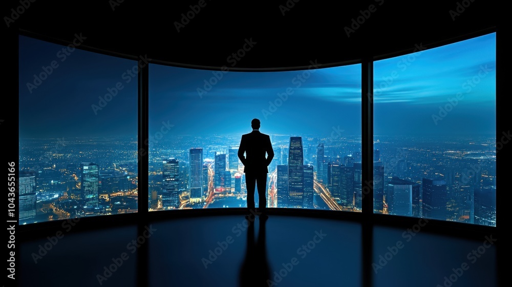 Fototapeta premium Businessman silhouetted against a city skyline at night, modern office view.