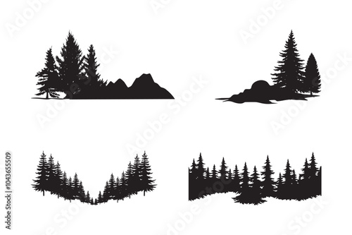 Set of pines on mountain slope silhouette illustration.