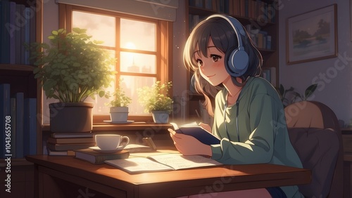 Kawaii illustration with Japanese cartoon concept of a beautiful girl reading a book and listening to music in her comfortable room. photo