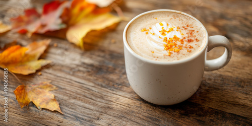 Warm Autumn Latte: A steaming mug of latte topped with whipped cream and sprinkled with cinnamon sits on a rustic wooden table with fallen autumn leaves. The perfect cozy drink for a crisp fall day. 